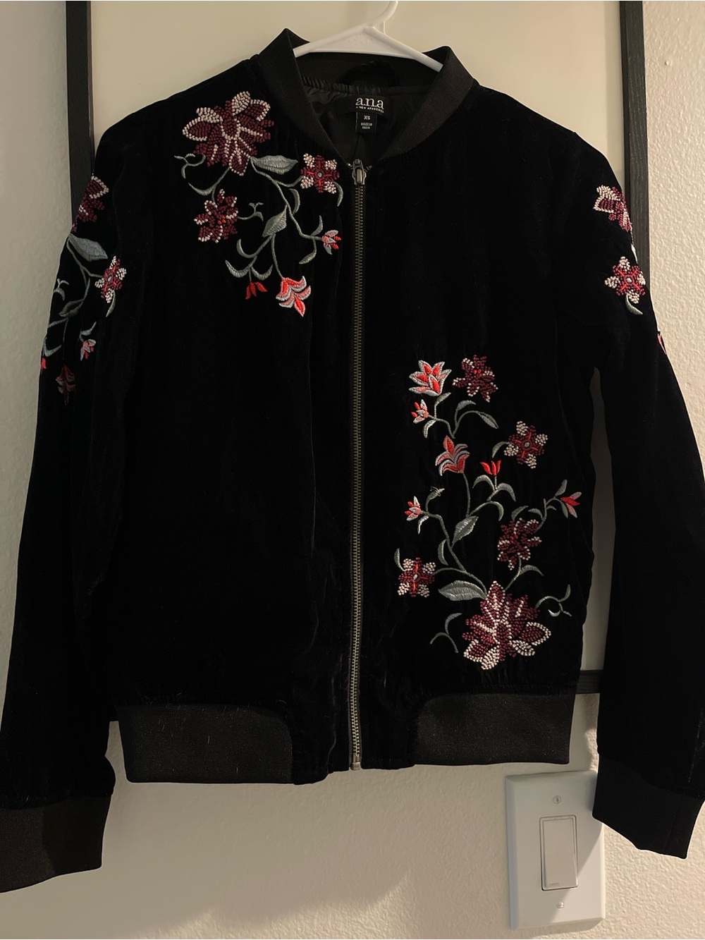 Anna Black Velvet Bomber Jacket with Embroidered Floral Accents